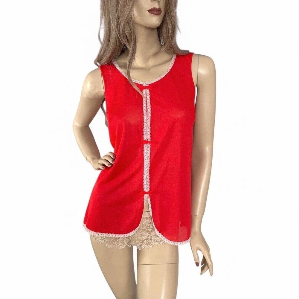 Vintage 70s Cherry Red Nylon‎ Babydoll Nightie S Coquette Lace Trim Chiffon Bow - Picture 5 of 8